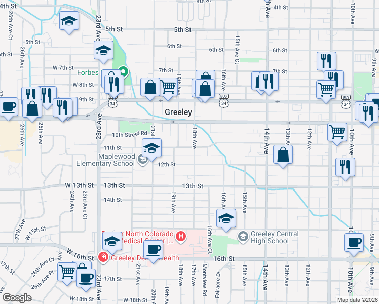 map of restaurants, bars, coffee shops, grocery stores, and more near 1110 18th Avenue in Greeley