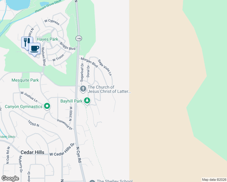 map of restaurants, bars, coffee shops, grocery stores, and more near 10378 Morgan Boulevard in Cedar Hills