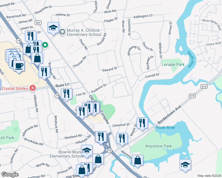 map of restaurants, bars, coffee shops, grocery stores, and more near 58 Buttonwood Drive in East Brunswick