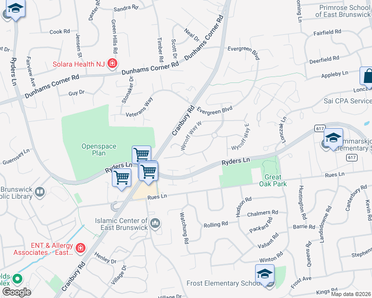 map of restaurants, bars, coffee shops, grocery stores, and more near 240 Wycoff Way West in East Brunswick