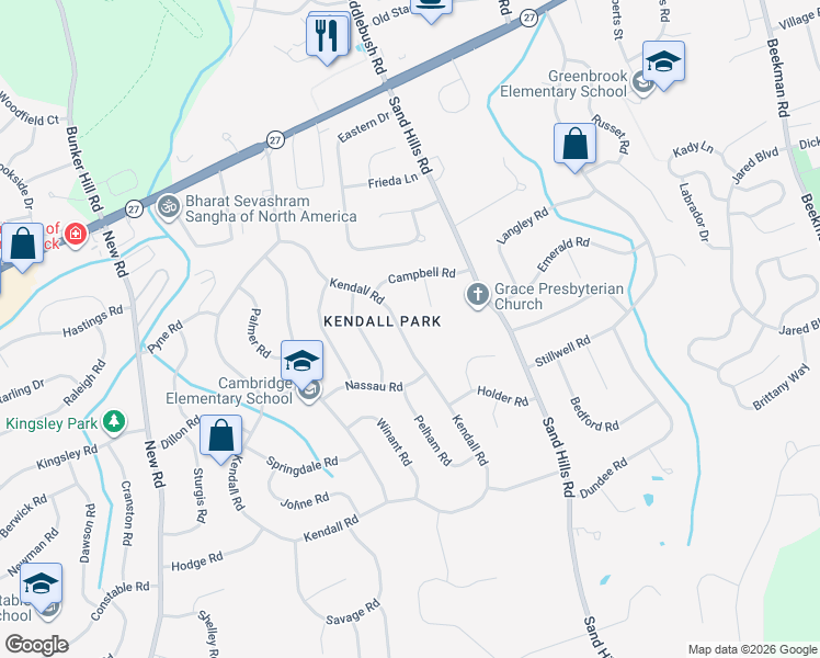 map of restaurants, bars, coffee shops, grocery stores, and more near 183 Kendall Road in South Brunswick Township