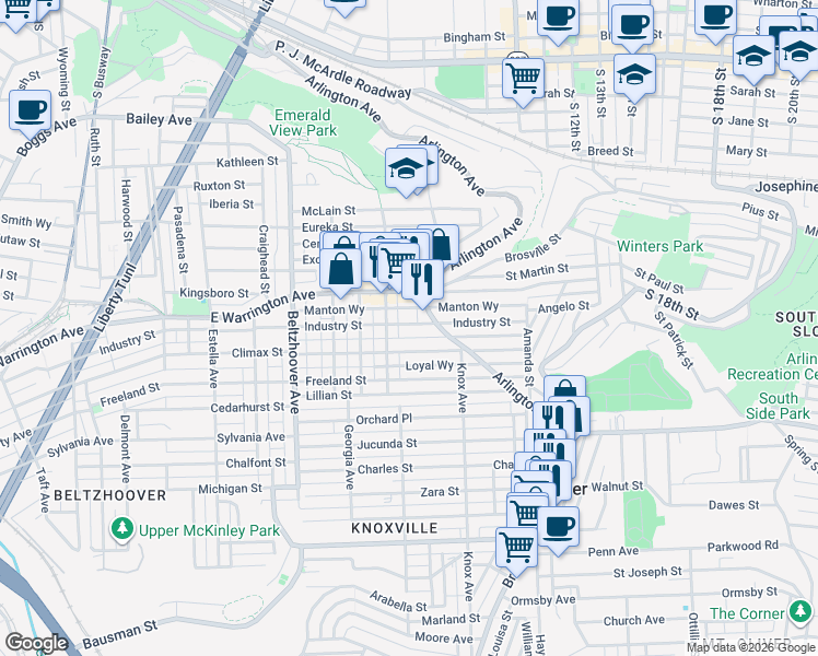 map of restaurants, bars, coffee shops, grocery stores, and more near 209 Allen Street in Pittsburgh