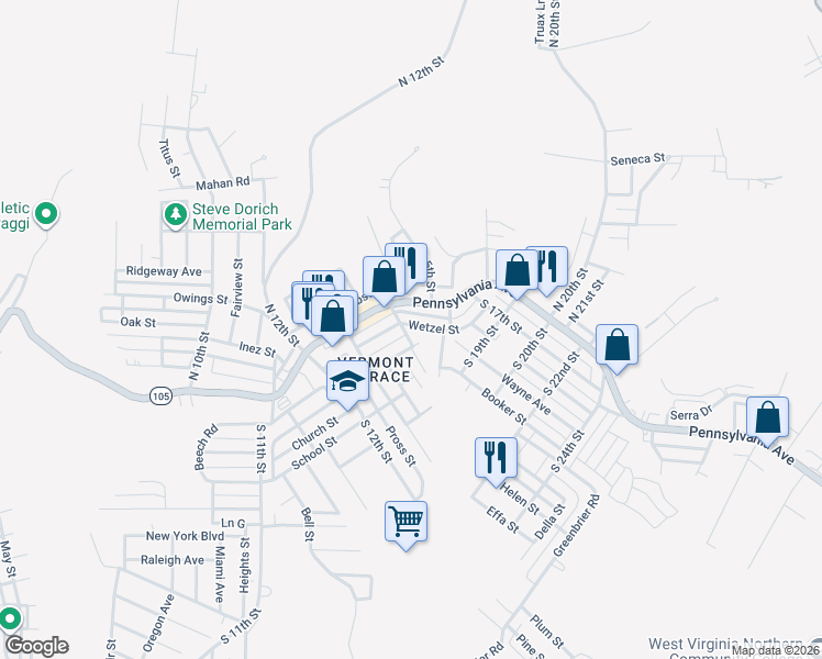 map of restaurants, bars, coffee shops, grocery stores, and more near 220 Wetzel St in Weirton