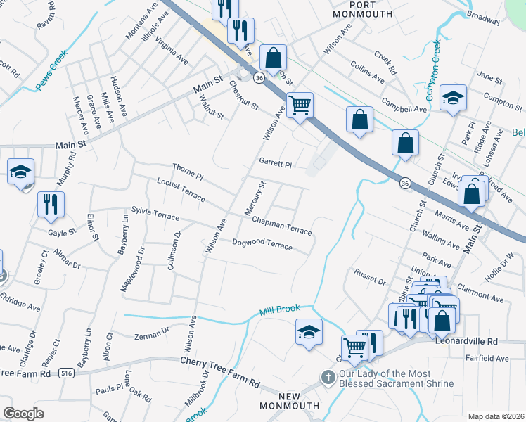 map of restaurants, bars, coffee shops, grocery stores, and more near 1 Venus Street in Monmouth County