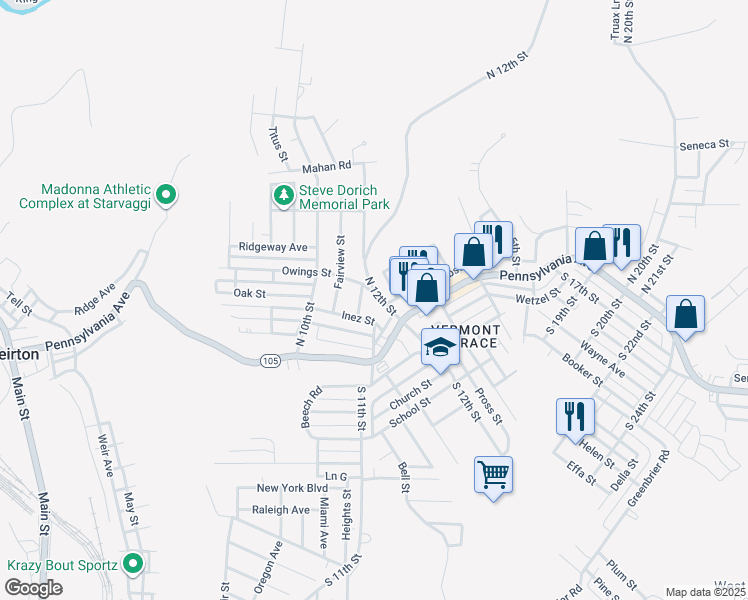 map of restaurants, bars, coffee shops, grocery stores, and more near 250 Owings St in Weirton