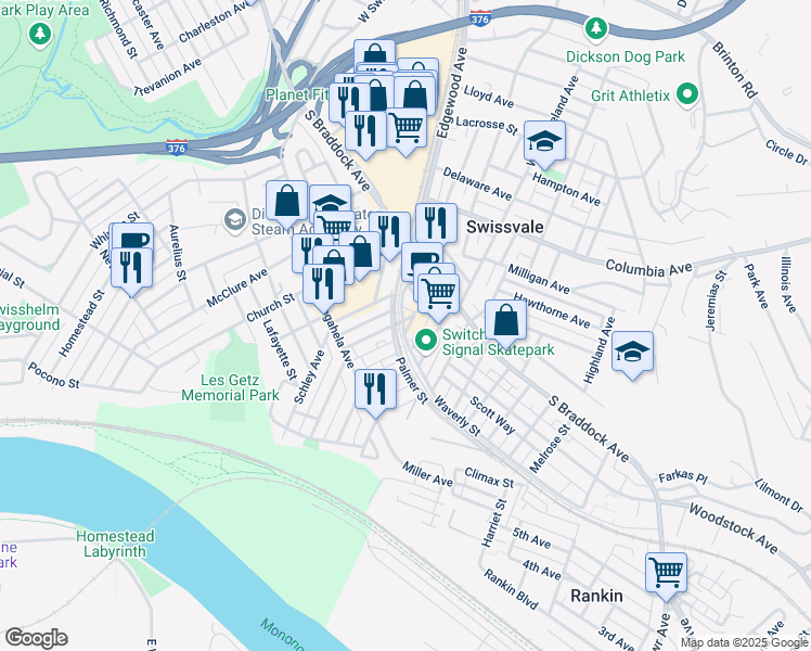 map of restaurants, bars, coffee shops, grocery stores, and more near 7500 Washington Avenue in Swissvale