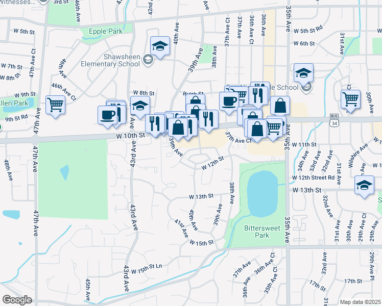 map of restaurants, bars, coffee shops, grocery stores, and more near 21 West 11th Street in Greeley
