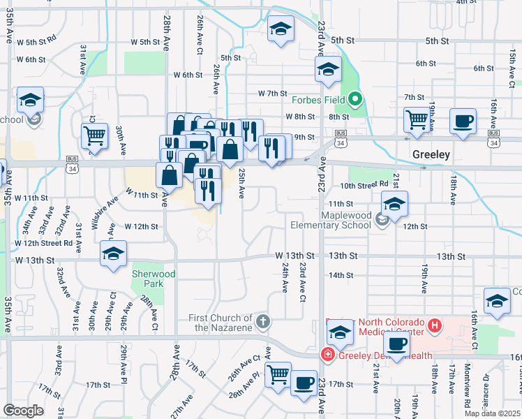 map of restaurants, bars, coffee shops, grocery stores, and more near 1130 24th Avenue Court in Greeley