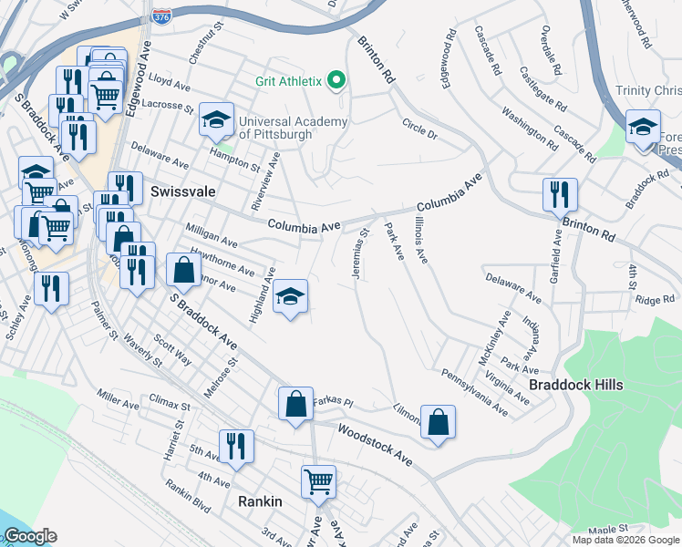 map of restaurants, bars, coffee shops, grocery stores, and more near 2527 Milligan Way in Swissvale
