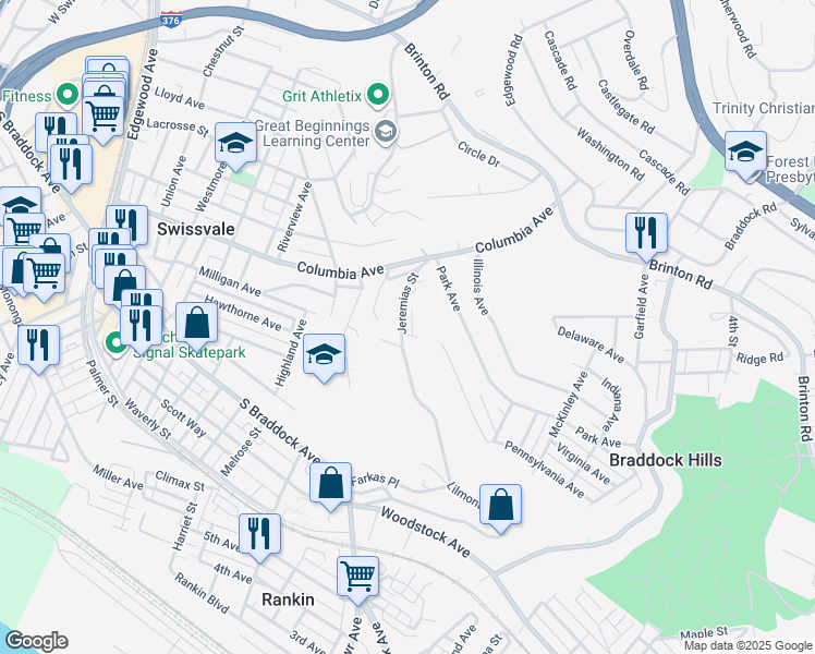 map of restaurants, bars, coffee shops, grocery stores, and more near 7709 Jeremias Street in Pittsburgh