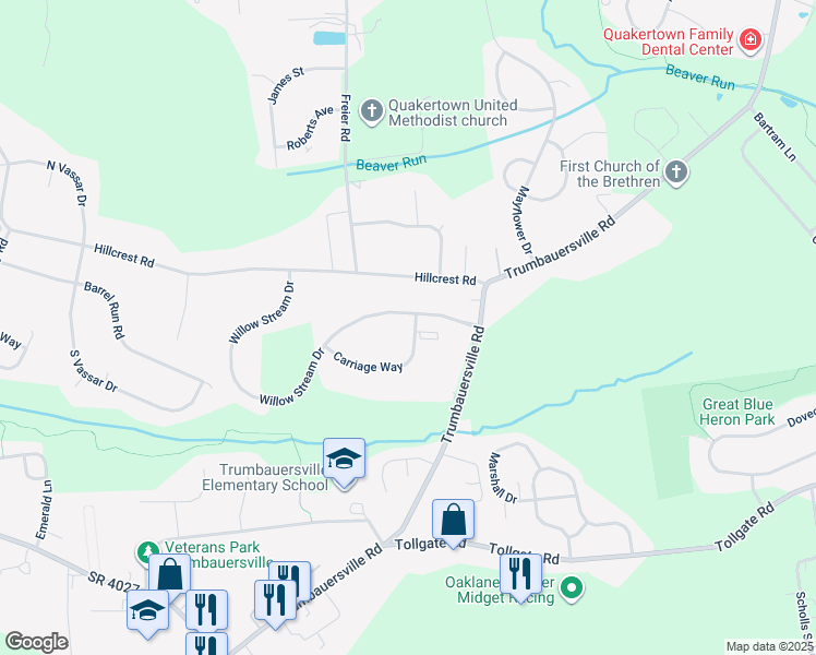 map of restaurants, bars, coffee shops, grocery stores, and more near 312 Bedford Court in Quakertown