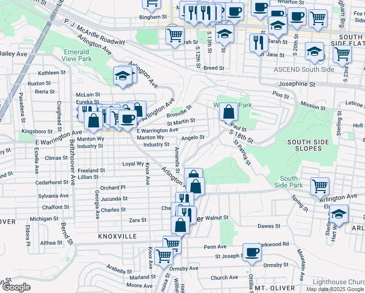 map of restaurants, bars, coffee shops, grocery stores, and more near 35 Mount Oliver Street in Pittsburgh