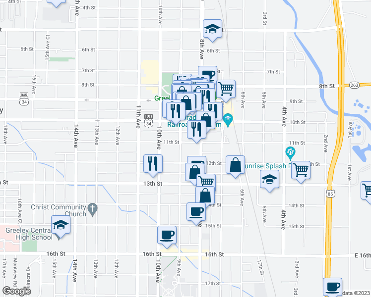 map of restaurants, bars, coffee shops, grocery stores, and more near 1112 9th Ave in Greeley
