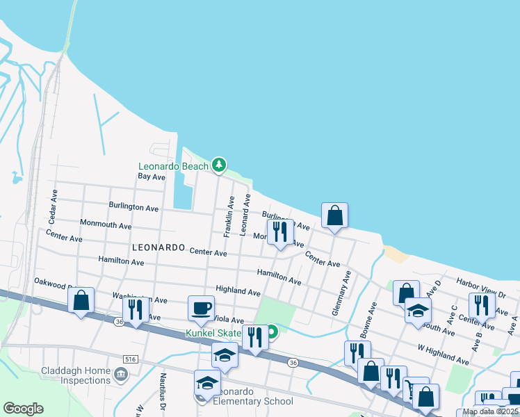 map of restaurants, bars, coffee shops, grocery stores, and more near 57 Burlington Avenue in Middletown