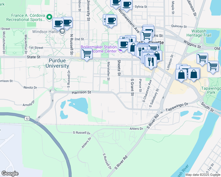 map of restaurants, bars, coffee shops, grocery stores, and more near 532 Harrison Street in West Lafayette