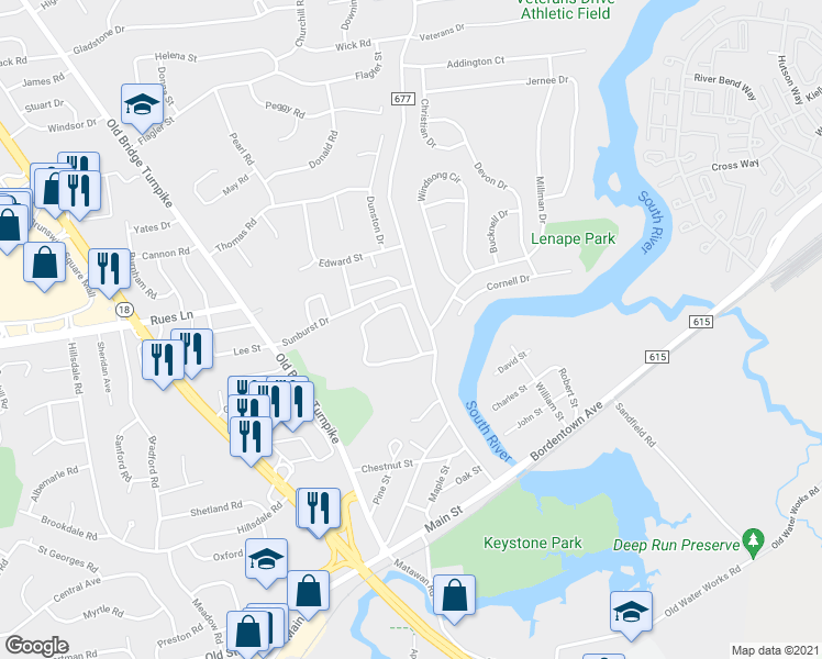 map of restaurants, bars, coffee shops, grocery stores, and more near 137 Buttonwood Drive in East Brunswick