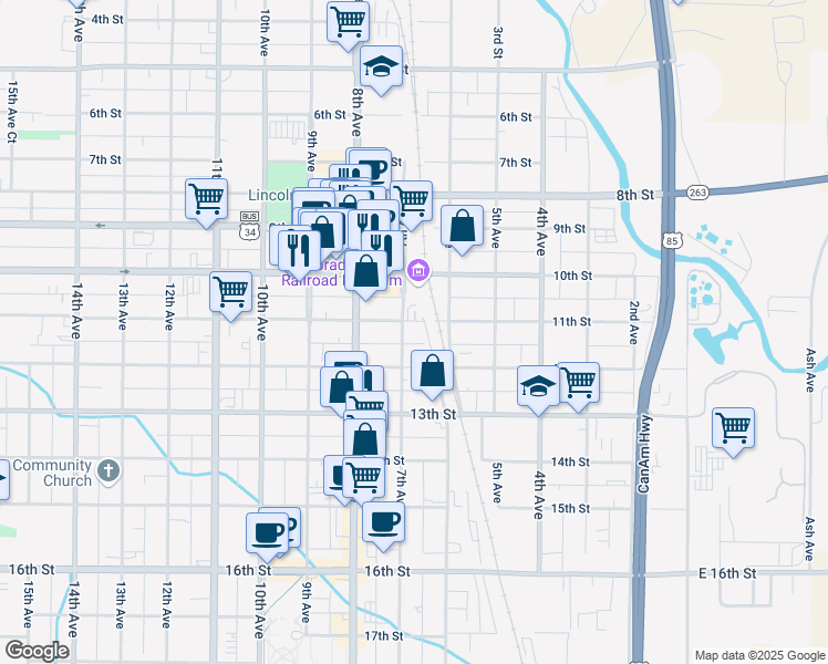 map of restaurants, bars, coffee shops, grocery stores, and more near 1130 7th Avenue in Greeley