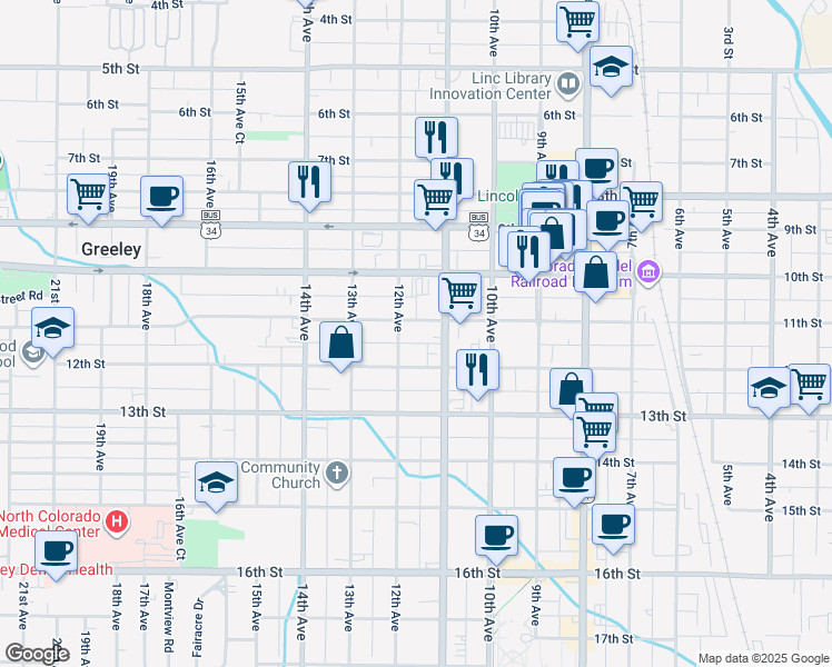 map of restaurants, bars, coffee shops, grocery stores, and more near 1117 11th Avenue in Greeley