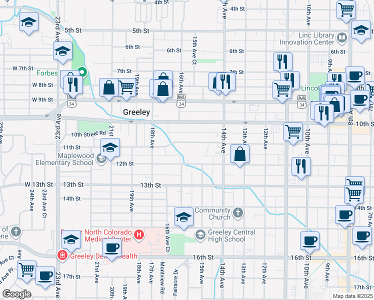 map of restaurants, bars, coffee shops, grocery stores, and more near 1524 11th Street in Greeley