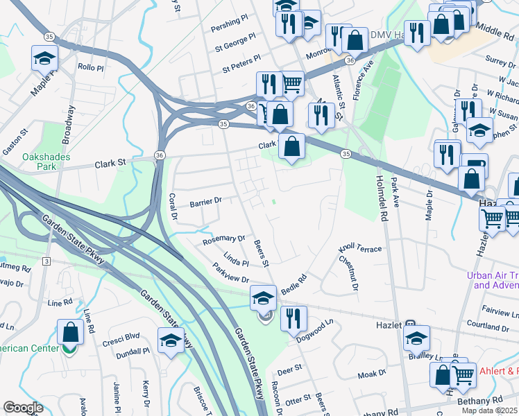 map of restaurants, bars, coffee shops, grocery stores, and more near 1 Windflower Lane in Hazlet
