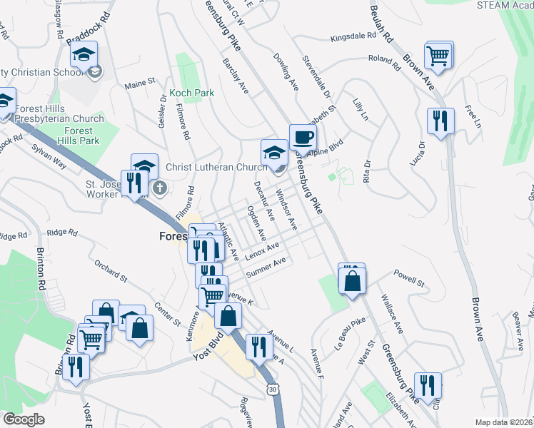 map of restaurants, bars, coffee shops, grocery stores, and more near 521 Decatur Avenue in Pittsburgh