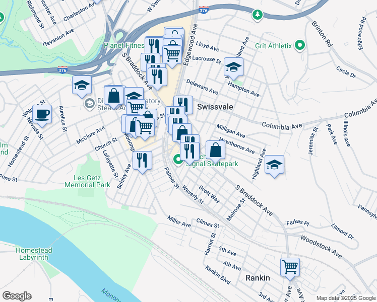 map of restaurants, bars, coffee shops, grocery stores, and more near 2038 Noble Street in Swissvale