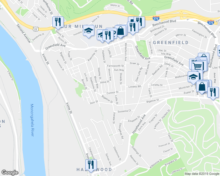 map of restaurants, bars, coffee shops, grocery stores, and more near 4334 Haldane Street in Pittsburgh