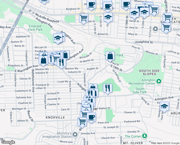 map of restaurants, bars, coffee shops, grocery stores, and more near 38 Mount Oliver Street in Pittsburgh