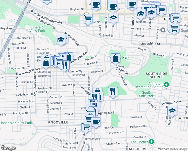 map of restaurants, bars, coffee shops, grocery stores, and more near 38 Mount Oliver Street in Pittsburgh