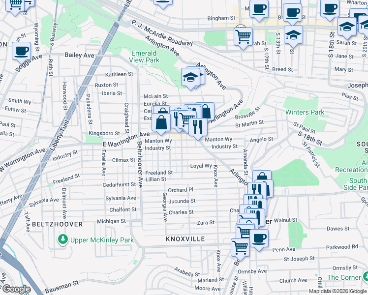 map of restaurants, bars, coffee shops, grocery stores, and more near 209 Allen Street in Pittsburgh