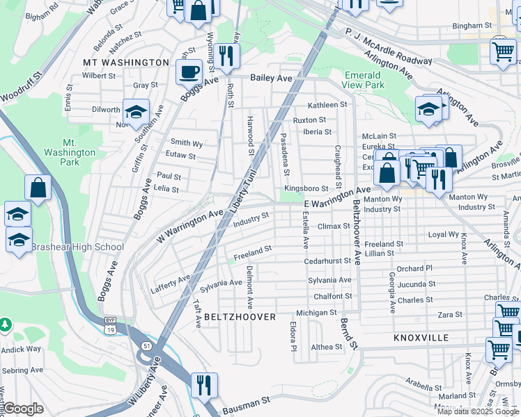 map of restaurants, bars, coffee shops, grocery stores, and more near 213 Industry Street in Pittsburgh