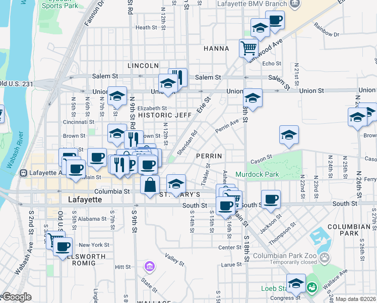 map of restaurants, bars, coffee shops, grocery stores, and more near 316 Perrin Avenue in Lafayette