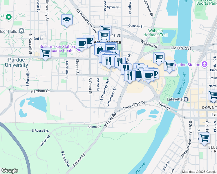 map of restaurants, bars, coffee shops, grocery stores, and more near 227 South Salisbury Street in West Lafayette