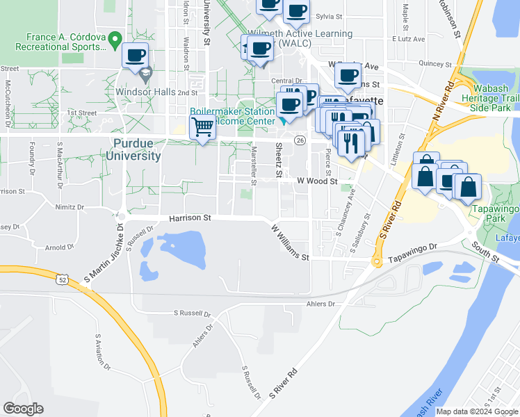 map of restaurants, bars, coffee shops, grocery stores, and more near 532 Harrison Street in West Lafayette
