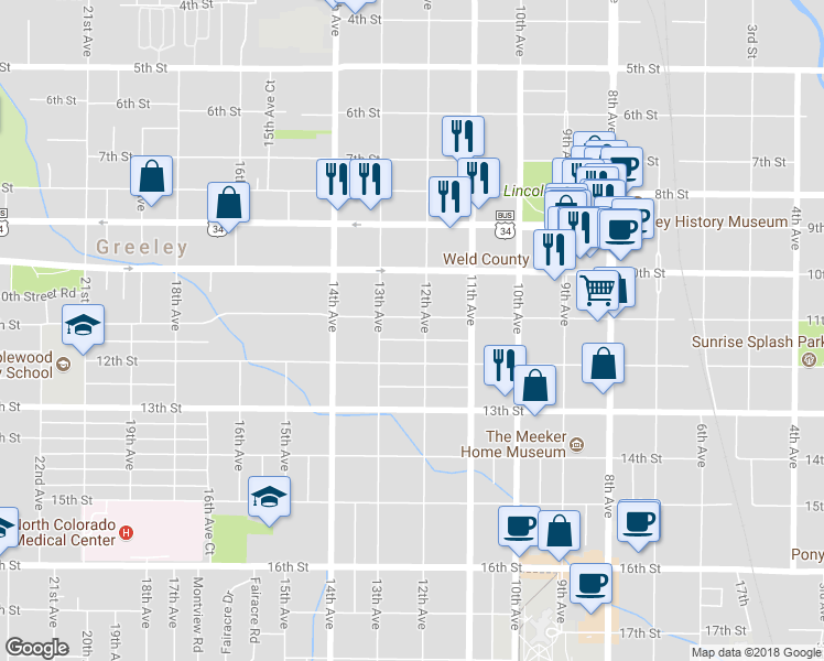 map of restaurants, bars, coffee shops, grocery stores, and more near 1117 12th Avenue in Greeley