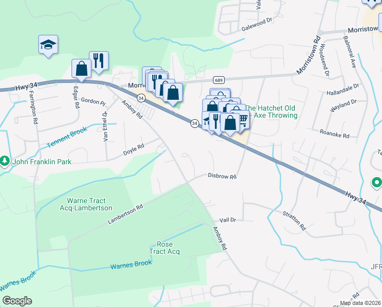 map of restaurants, bars, coffee shops, grocery stores, and more near 18 Knoll Court in Matawan