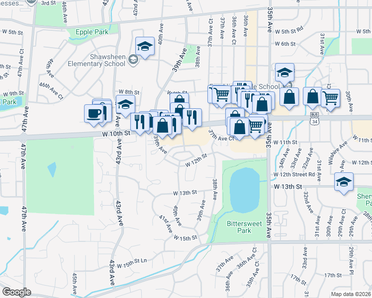 map of restaurants, bars, coffee shops, grocery stores, and more near 36 West 11th Street in Greeley