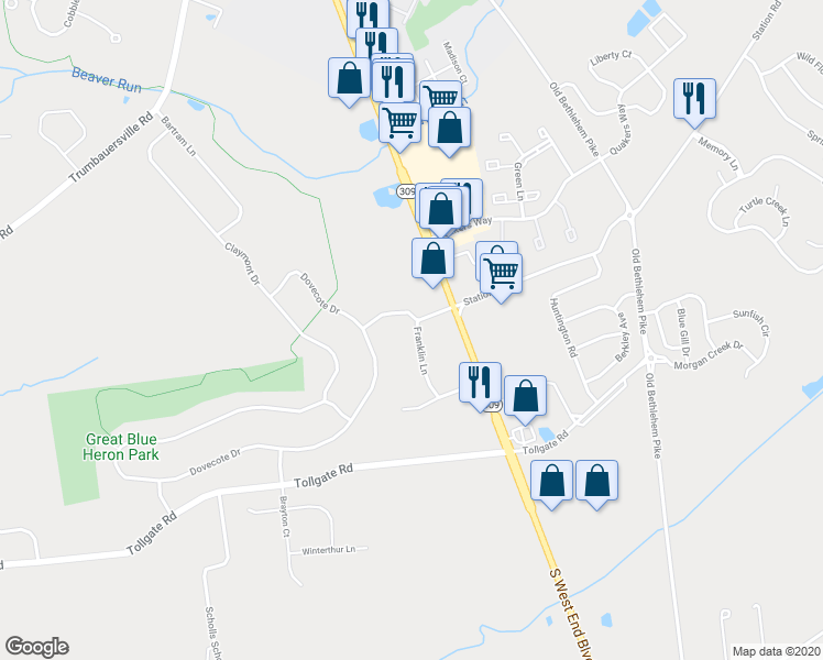 map of restaurants, bars, coffee shops, grocery stores, and more near 54 Franklin Lane in Quakertown