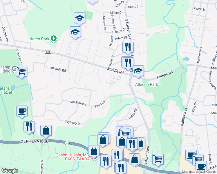 map of restaurants, bars, coffee shops, grocery stores, and more near 71 Lexington Court in Holmdel