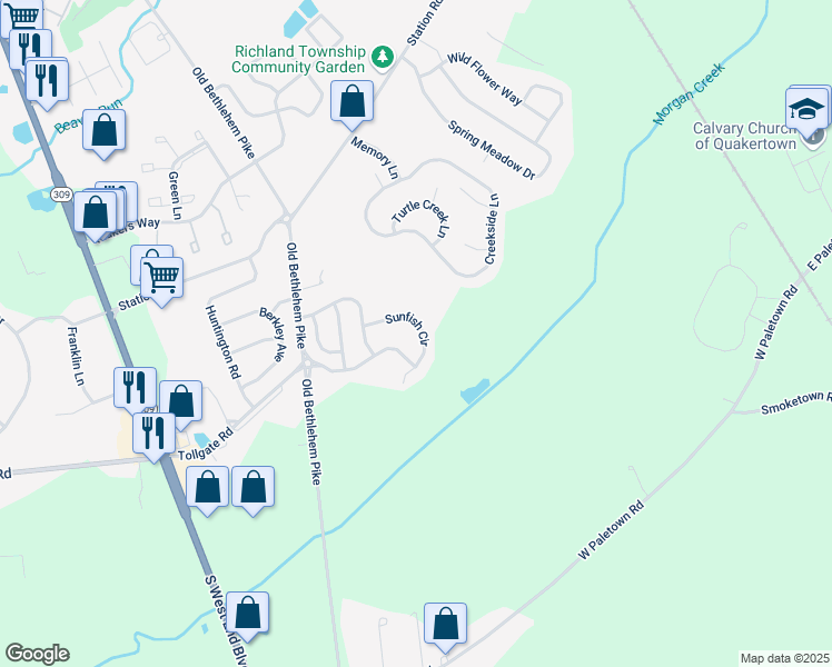 map of restaurants, bars, coffee shops, grocery stores, and more near 2439 Sunfish Circle in Quakertown