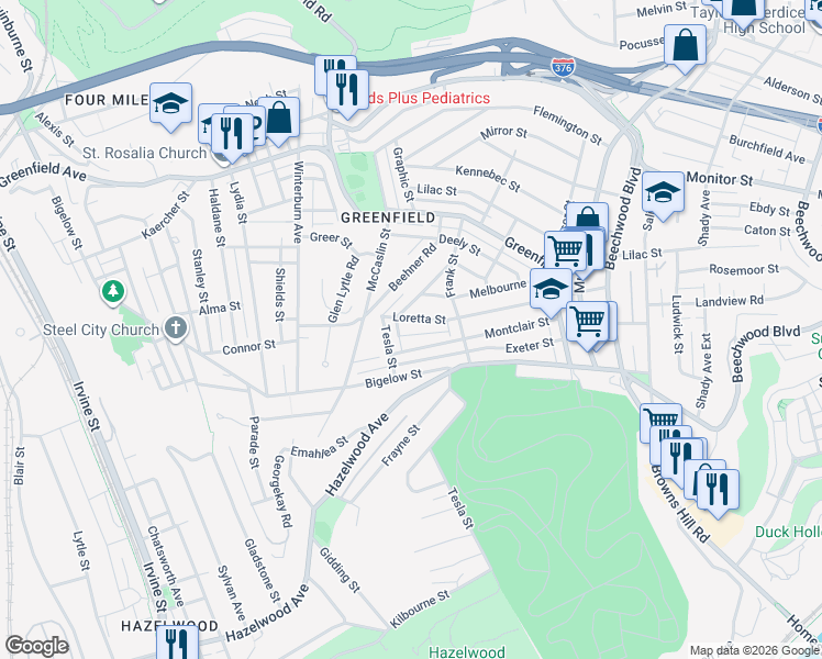 map of restaurants, bars, coffee shops, grocery stores, and more near 629 Montclair Street in Pittsburgh