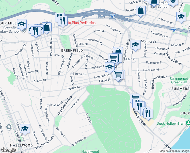 map of restaurants, bars, coffee shops, grocery stores, and more near 730 Montclair Street in Pittsburgh