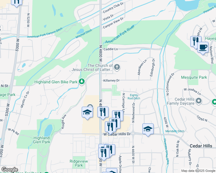 map of restaurants, bars, coffee shops, grocery stores, and more near 4756 West 10370 North in Highland