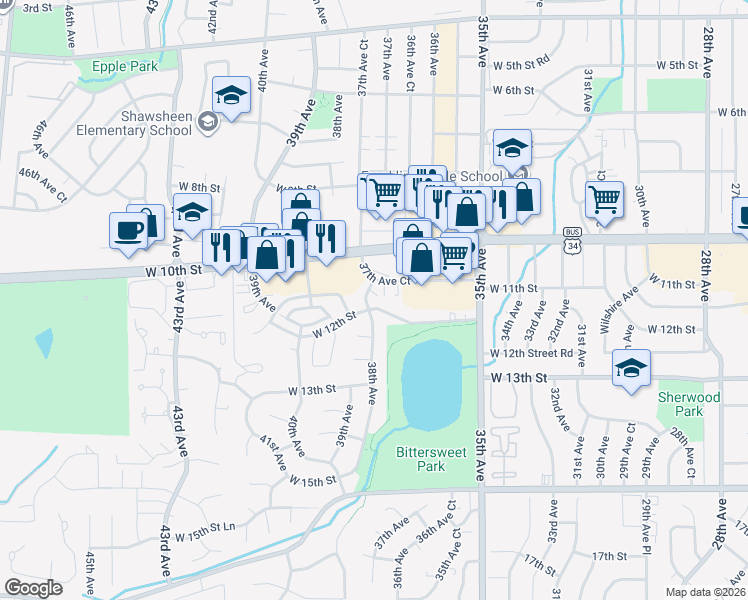 map of restaurants, bars, coffee shops, grocery stores, and more near 3805 West 11th Street in Greeley