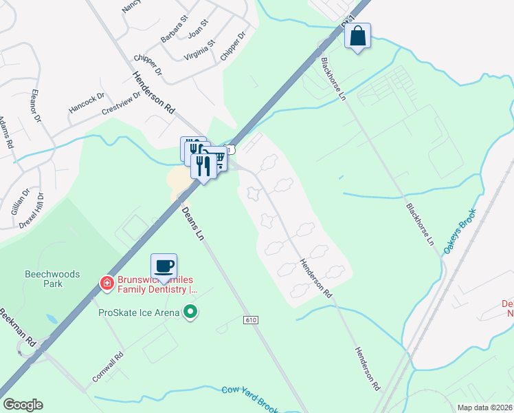 map of restaurants, bars, coffee shops, grocery stores, and more near 42 Tanglewood Court in South Brunswick Township