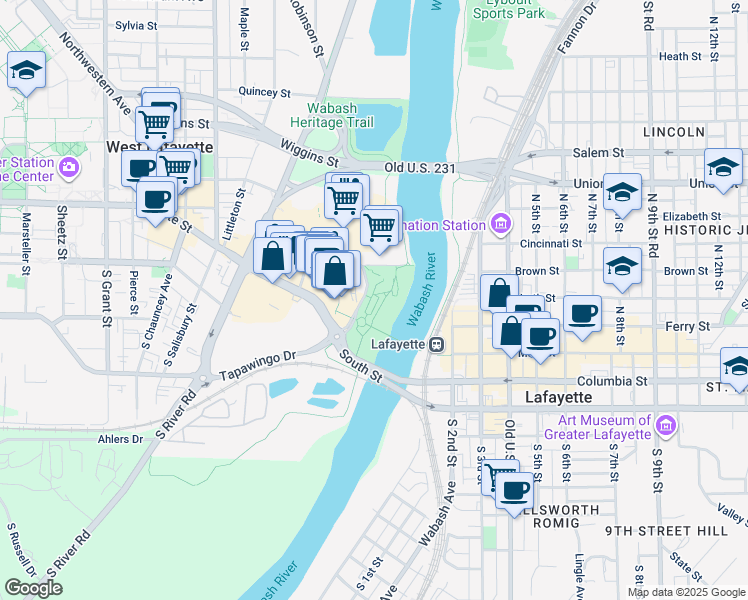 map of restaurants, bars, coffee shops, grocery stores, and more near 100 Tapawingo Drive in West Lafayette