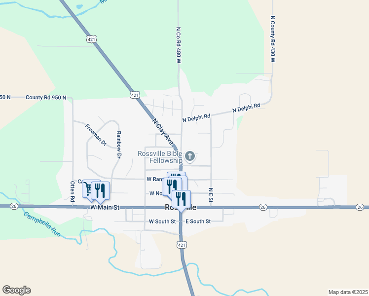 map of restaurants, bars, coffee shops, grocery stores, and more near 401-499 North Clay Avenue in Rossville