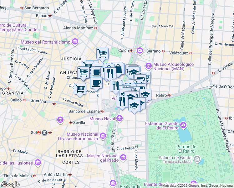 map of restaurants, bars, coffee shops, grocery stores, and more near 7 Paseo de Recoletos in Madrid