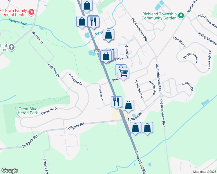 map of restaurants, bars, coffee shops, grocery stores, and more near 920 South West End Boulevard in Quakertown