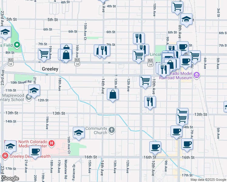 map of restaurants, bars, coffee shops, grocery stores, and more near in Greeley